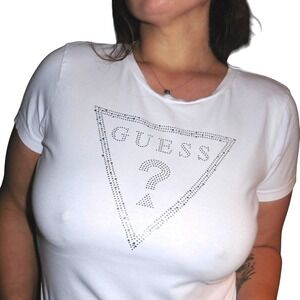 Y2K Guess White Rhinestone Logo T Shirt Womens Short Sleeve Top